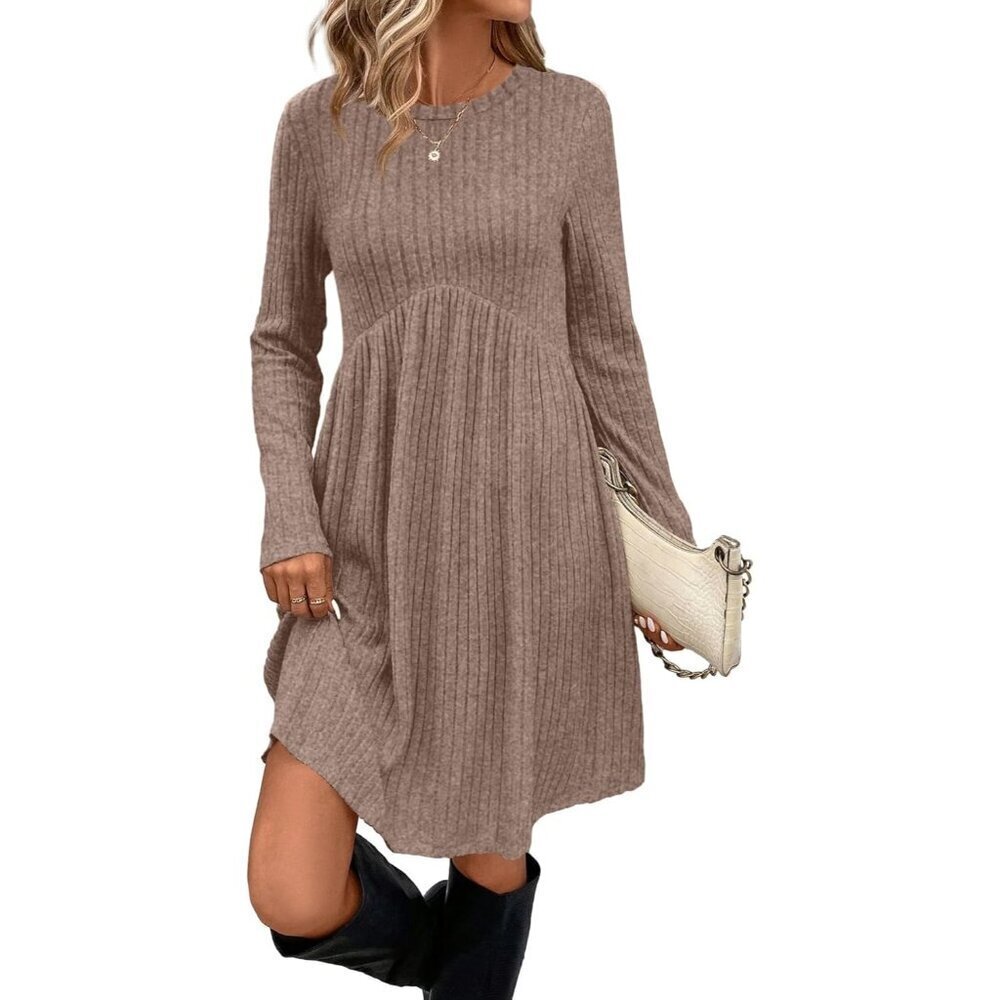 Ofeefan Women Khaki Crew Neck Long Sleeve Empire Waist Dress with Pockets